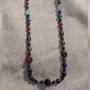 Vintage Glass Bead Necklace Statement Blue Red Hand-blown
